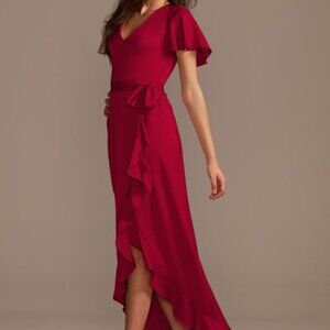 David's Bridal Flutter Sleeve Crepe Satin Ruffle Apple Bridesmaid Dress Size 10